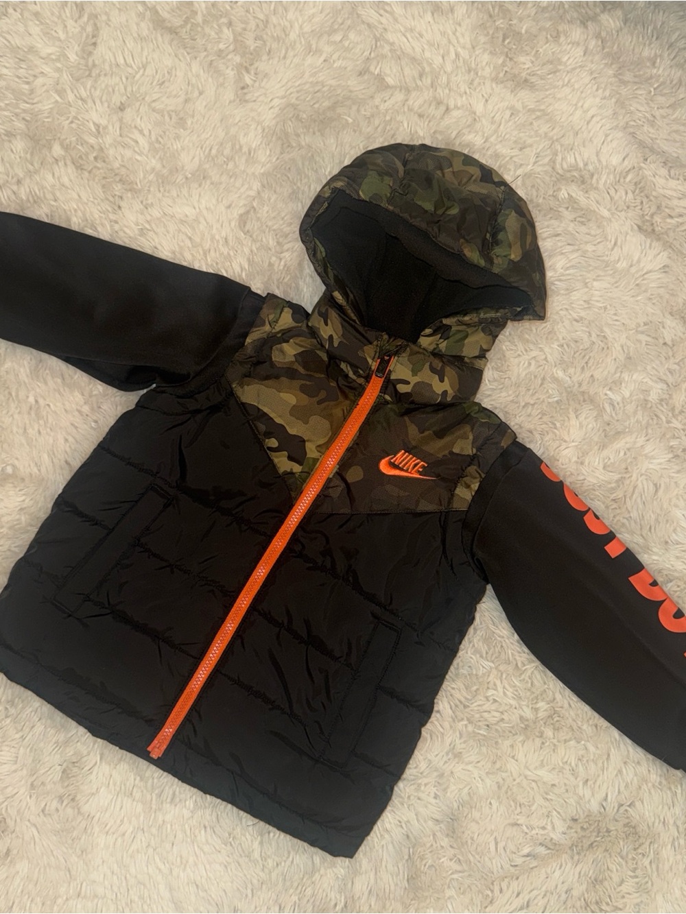 Nike Black & Camo Hooded Puffer Jacket with Orange Trim